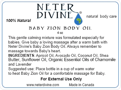 Baby Zion Body Oil label